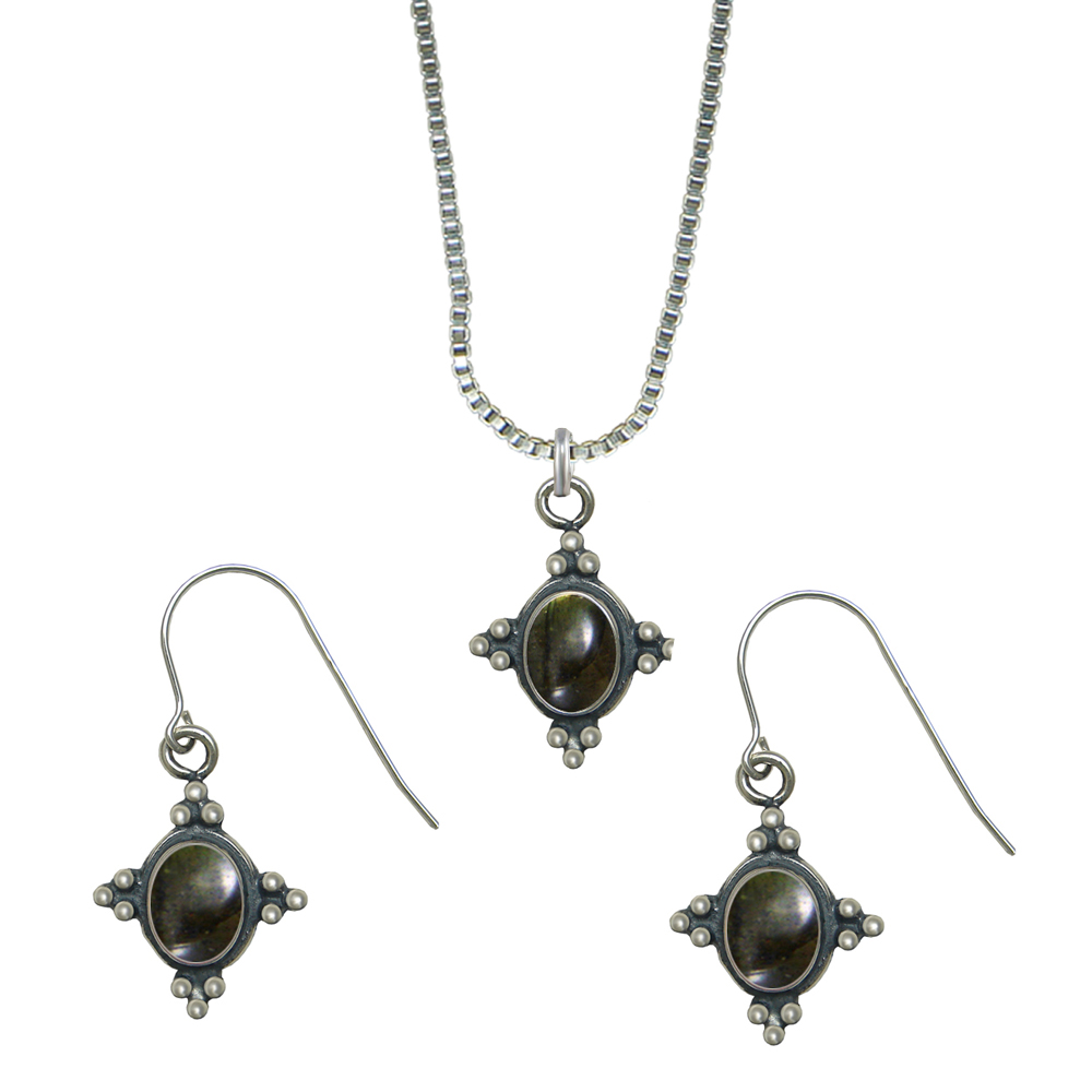 Sterling Silver Petite Necklace Earrings Set Spectrolite